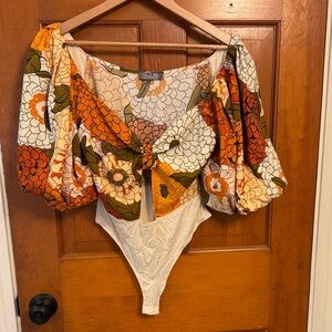 Floral Puff Sleeve Bodysuit - Orange and Cream